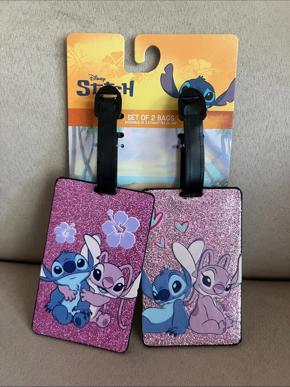 NWT DIsney Pink Glitter Stitch & Angel Bag Tags - Set of 2